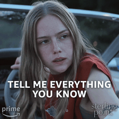 A Woman Is Sitting In A Car With The Words Tell Me Everything You Know Behind Her GIF