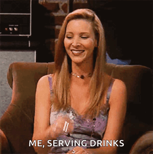 A Woman Is Sitting In A Chair And Smiling While Saying Me Serving Drinks . GIF