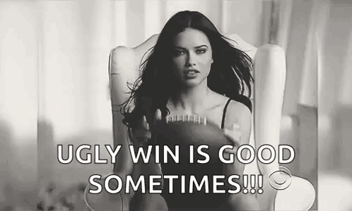 A Woman Is Sitting In A Chair Holding A Football And The Words `` Ugly Win Is Good Sometimes '' . GIF
