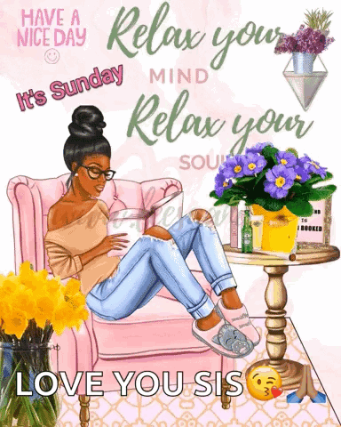 A Woman Is Sitting In A Chair With A Cup Of Coffee And Flowers . GIF
