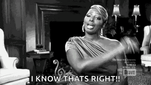 A Woman Is Sitting In A Chair With Her Arms Crossed And Says `` I Know That 'S Right ! '' GIF