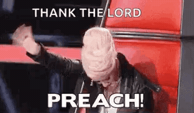 A Woman Is Sitting In A Chair With Her Hands In The Air And A Sign That Says Thank The Lord Preach . GIF