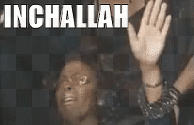 A Woman Is Sitting In A Chair With Her Hands In The Air And The Words Inchallah Written Above Her Head . GIF