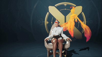 A Woman Is Sitting In A Chair With Her Legs Crossed In Front Of A Large X GIF