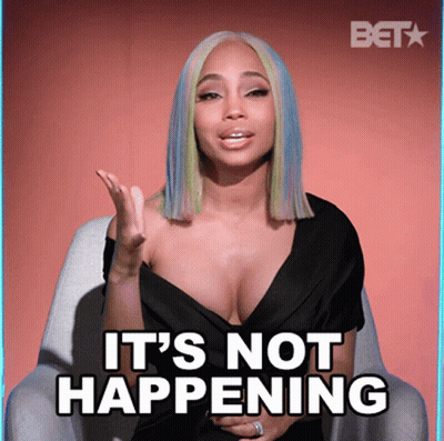 A Woman Is Sitting In A Chair With The Words It 'S Not Happening Behind Her GIF