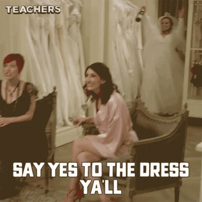 A Woman Is Sitting In A Chair With The Words Say Yes To The Dress Y'all GIF