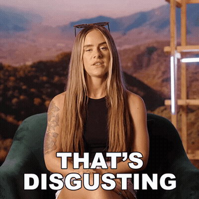 A Woman Is Sitting In A Chair With The Words That 'S Disgusting On The Bottom GIF