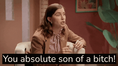 A Woman Is Sitting In A Chair With The Words " You Absolute Son Of A Bitch " Above Her GIF