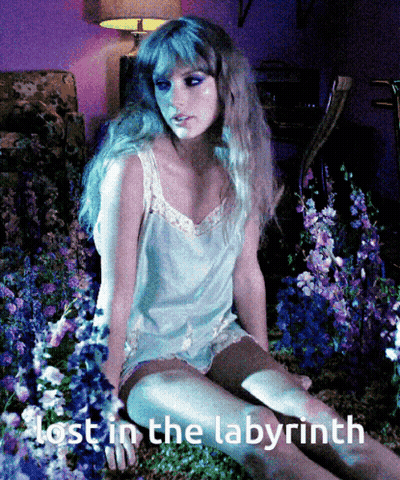 A Woman Is Sitting In A Field Of Flowers With The Words Lost In The Labyrinth Below Her GIF
