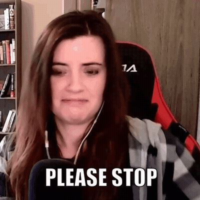 A Woman Is Sitting In A Gaming Chair With Headphones On And Says Please Stop . GIF