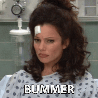 A Woman Is Sitting In A Hospital Bed With A Bandage On Her Head And The Words Bummer Written On The Bottom . GIF