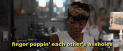 A Woman Is Sitting In A Living Room With The Words Finger Poppin ' Each Other 'S Assholes Above Her . GIF