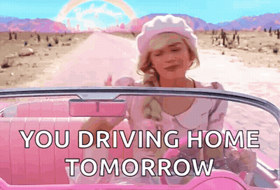 A Woman Is Sitting In A Pink Car With The Words You Driving Home Tomorrow GIF