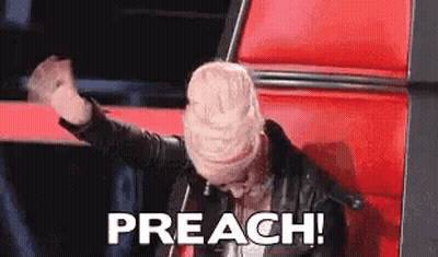 A Woman Is Sitting In A Red Chair With Her Hands In The Air And The Words `` Preach '' Written On The Screen . GIF