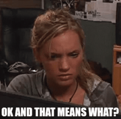 A Woman Is Sitting In Front Of A Computer Screen With The Words `` Ok And That Means What '' Written Below Her . GIF
