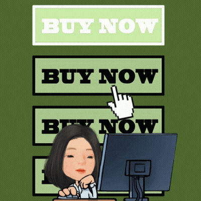 A Woman Is Sitting In Front Of A Computer With A Buy Now Button Above Her Head GIF