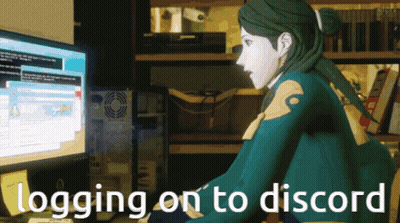A Woman Is Sitting In Front Of A Computer With The Words " Logging On To Discord " On The Bottom GIF