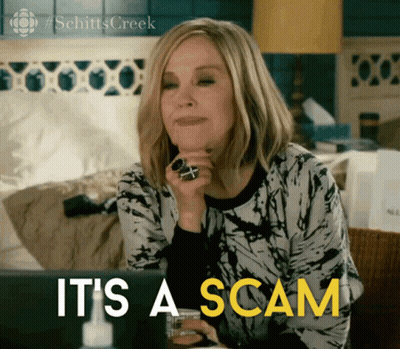 A Woman Is Sitting In Front Of A Laptop With The Words It 'S A Scam On The Screen GIF