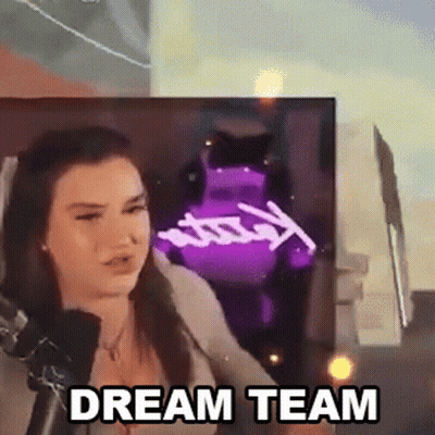 A Woman Is Sitting In Front Of A Microphone With The Words `` Dream Team '' Written On The Screen Behind Her . GIF