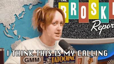 A Woman Is Sitting In Front Of A Microphone With The Words I Think This Is My Calling Gmm Below Her GIF