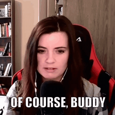 A Woman Is Sitting In Front Of A Microphone With The Words Of Course Buddy Written Below Her GIF