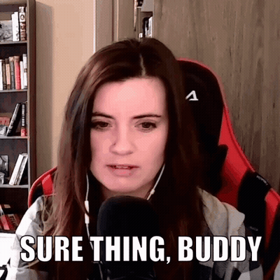 A Woman Is Sitting In Front Of A Microphone With The Words Sure Thing Buddy Written Below Her GIF