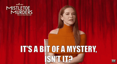 A Woman Is Sitting In Front Of A Red Curtain With Mistletoe Murders Written On It GIF