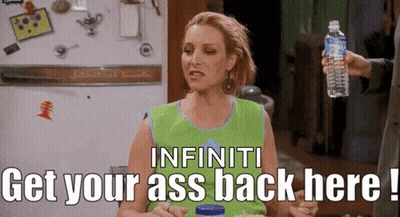 A Woman Is Sitting In Front Of A Refrigerator Holding A Water Bottle And Saying Infiniti Get Your Ass Back Here ! GIF