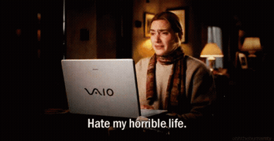 A Woman Is Sitting In Front Of A Vaio Laptop And Says " Hate My Horrible Life " GIF