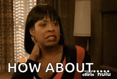 A Woman Is Sitting In Front Of A Window With Her Hand On Her Neck And A Sign That Says `` How About '' . GIF