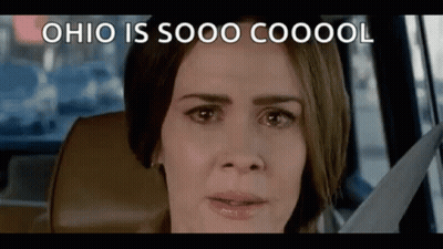 A Woman Is Sitting In The Back Seat Of A Car With The Words Ohio Is Sooo Coool Written On The Screen . GIF