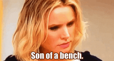 A Woman Is Sitting On A Bench With The Words Son Of A Bench Written On Her Face . GIF