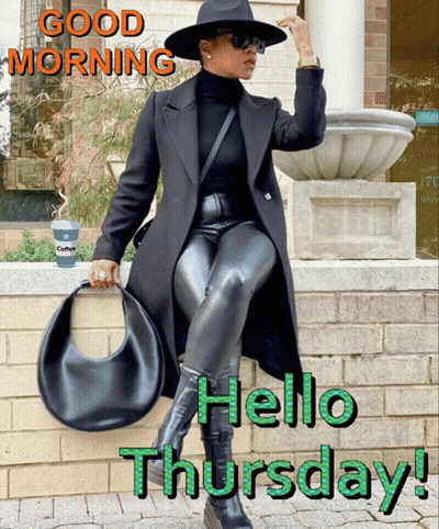 A Woman Is Sitting On A Brick Wall Holding A Purse And A Cup Of Coffee And Says Good Morning GIF