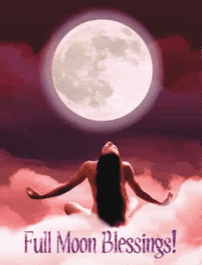 A Woman Is Sitting On A Cloud With Her Arms Outstretched In Front Of A Full Moon GIF