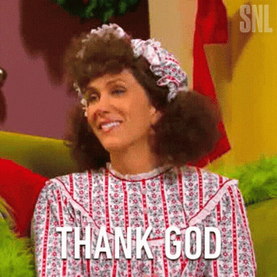 A Woman Is Sitting On A Couch And Smiling With The Words `` Thank God '' Written Above Her . GIF
