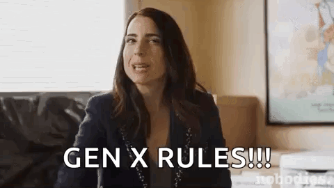 A Woman Is Sitting On A Couch In A Living Room And Saying `` Gen X Rules '' . GIF
