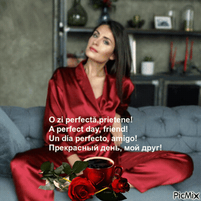 A Woman Is Sitting On A Couch With A Cup Of Coffee And Roses GIF