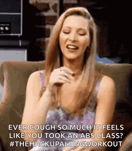 A Woman Is Sitting On A Couch With Her Eyes Closed And A Caption That Says Ever Cough So Much It Feels Like You GIF