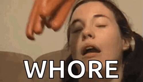 A Woman Is Sitting On A Couch With Her Eyes Closed And A Person Is Pointing At Her Face With The Word Whore . GIF