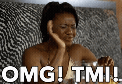 A Woman Is Sitting On A Couch With Her Hand On Her Face And The Words Omg Tmi Written In White GIF