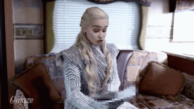 A Woman Is Sitting On A Couch With The Word Omaze On The Bottom GIF