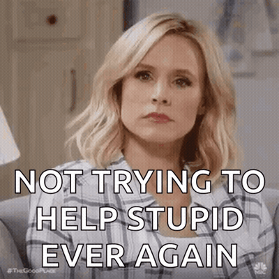 A Woman Is Sitting On A Couch With The Words `` Not Trying To Help Stupid Ever Again '' . GIF
