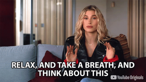 A Woman Is Sitting On A Couch With The Words Relax And Take A Breath And Think About This GIF