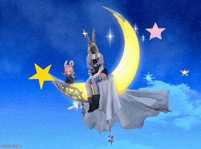 A Woman Is Sitting On A Crescent Moon With A Stuffed Animal Behind Her GIF