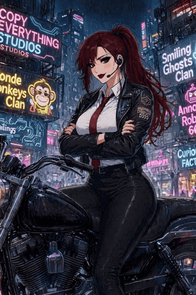 A Woman Is Sitting On A Motorcycle In Front Of Neon Signs That Say Copy Everything Studios And Smiling Ghosts Clan GIF