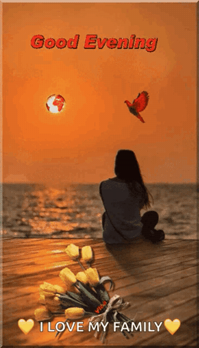 A Woman Is Sitting On A Pier With A Bouquet Of Flowers And The Words Good Evening I Love My Family Below Her GIF