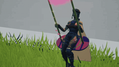 A Woman Is Sitting On A Swing In The Grass With A Pink Heart In The Background GIF
