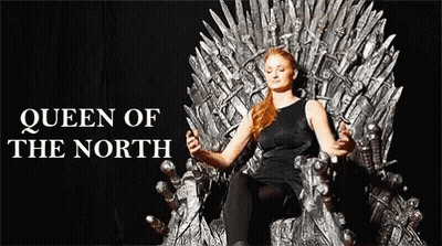 A Woman Is Sitting On A Throne With The Words Queen Of The North Behind Her GIF