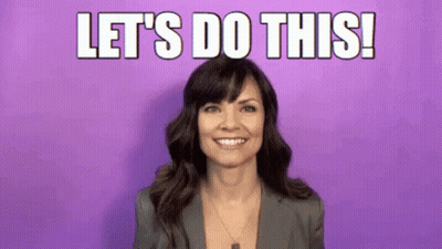 A Woman Is Smiling And Saying `` Let 'S Do This ! '' On A Purple Background . GIF