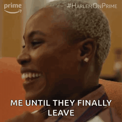 A Woman Is Smiling And Says Me Until They Finally Leave . GIF